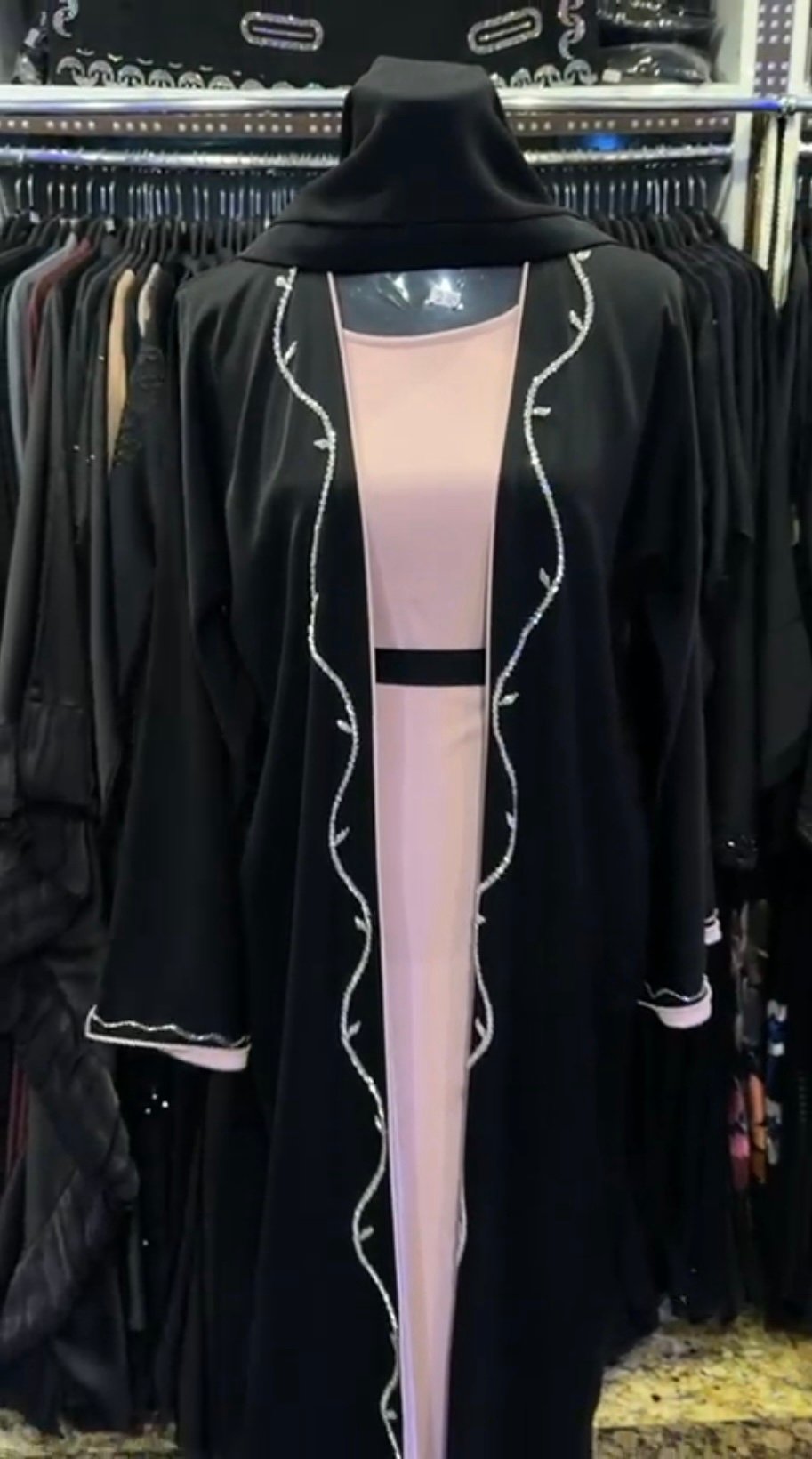 Black Abaya with Pink Inner Dress