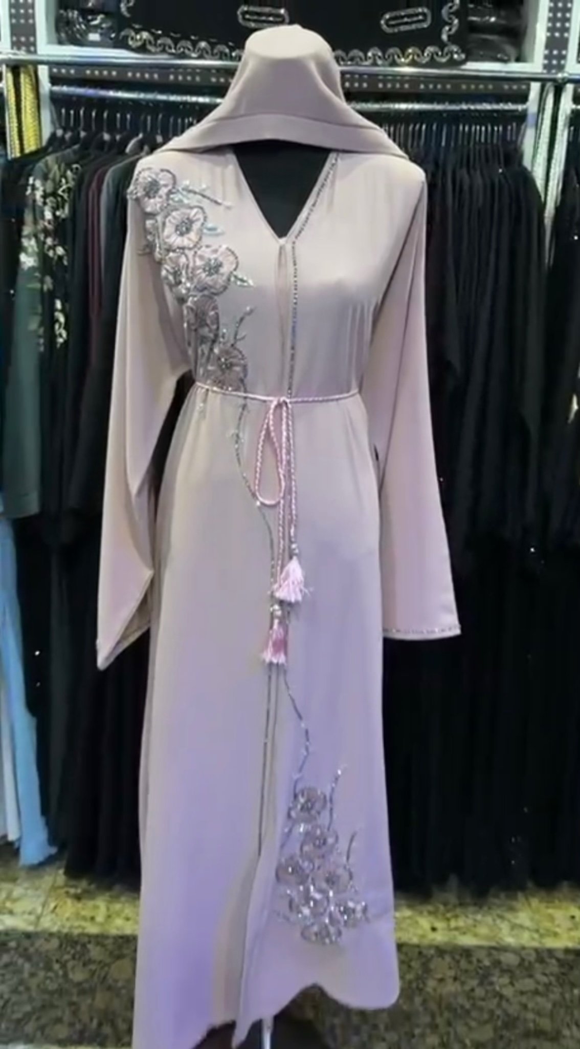 Soft Pink Abaya with Floral Details