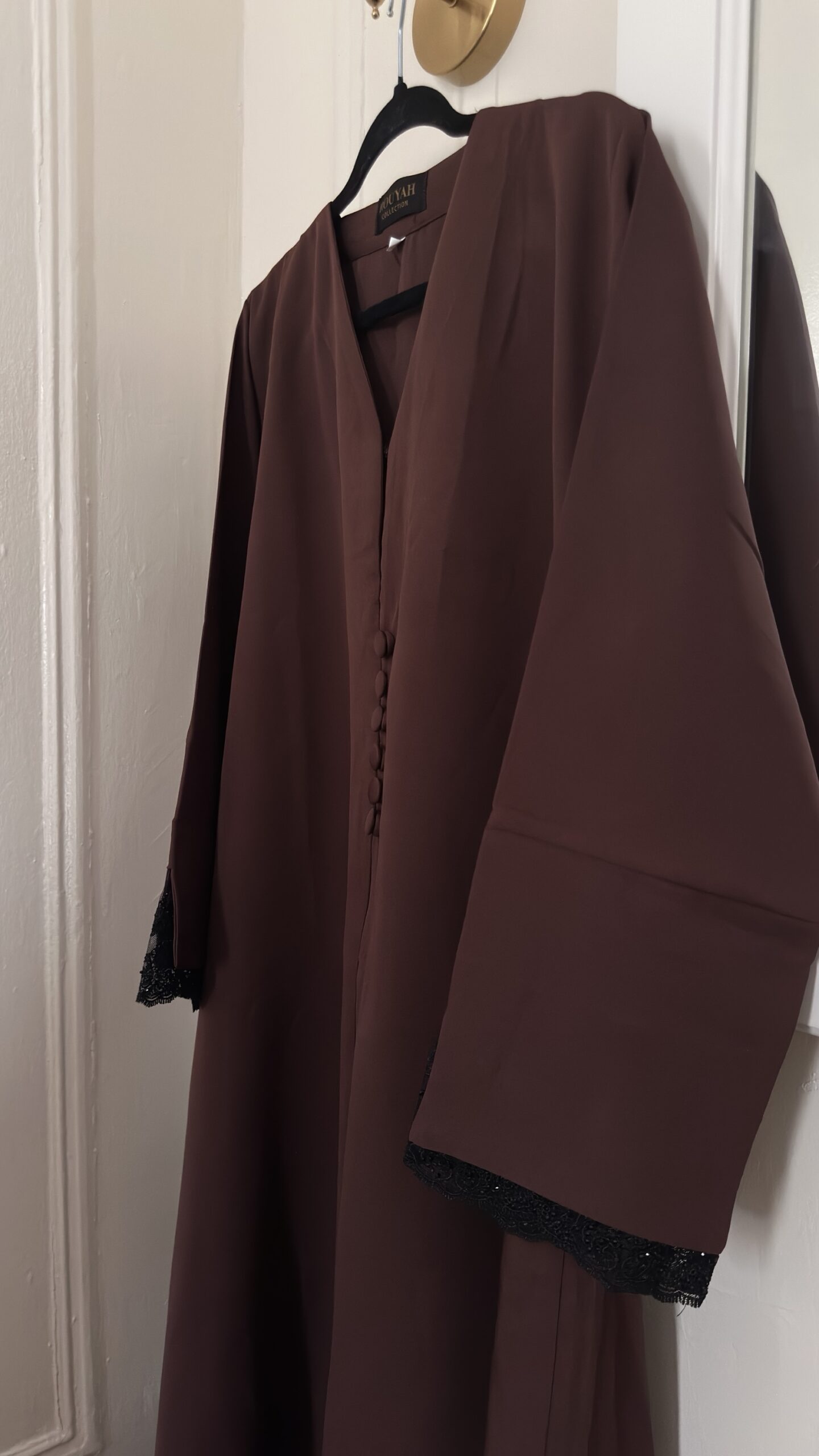 ZAYNA - Closed Abaya with Lace Accents - Brown - Image 5