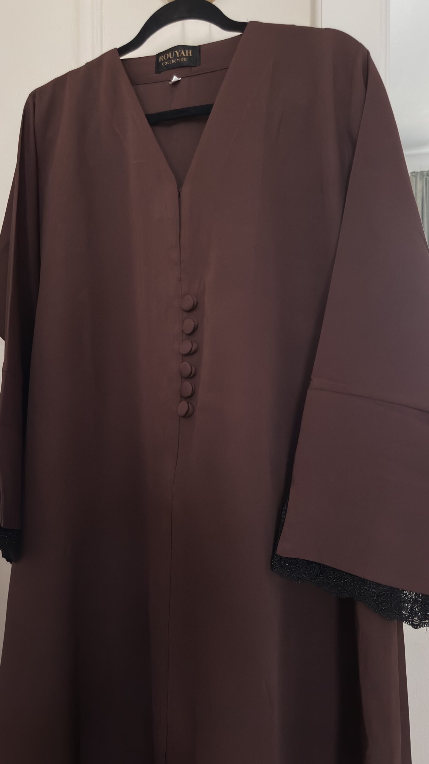 ZAYNA - Closed Abaya with Lace Accents - Brown - Image 2