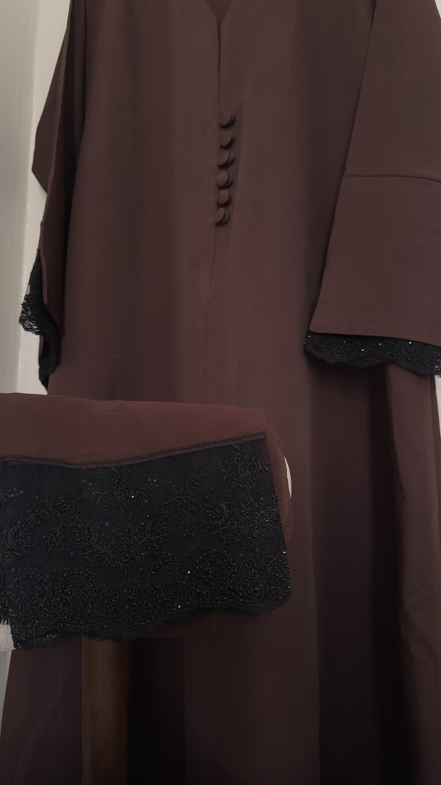 ZAYNA - Closed Abaya with Lace Accents - Brown - Image 7