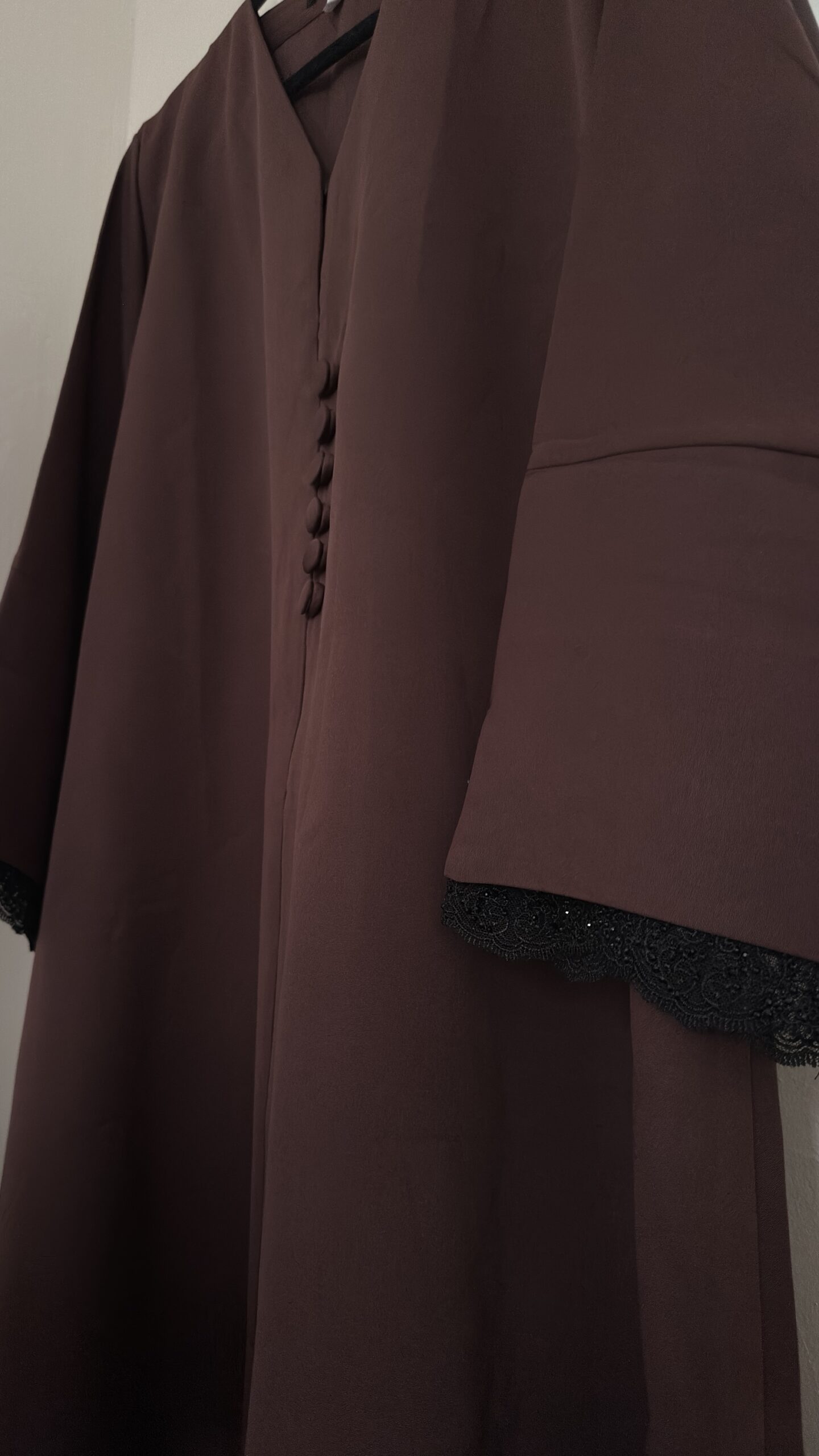 ZAYNA - Closed Abaya with Lace Accents - Brown - Image 3